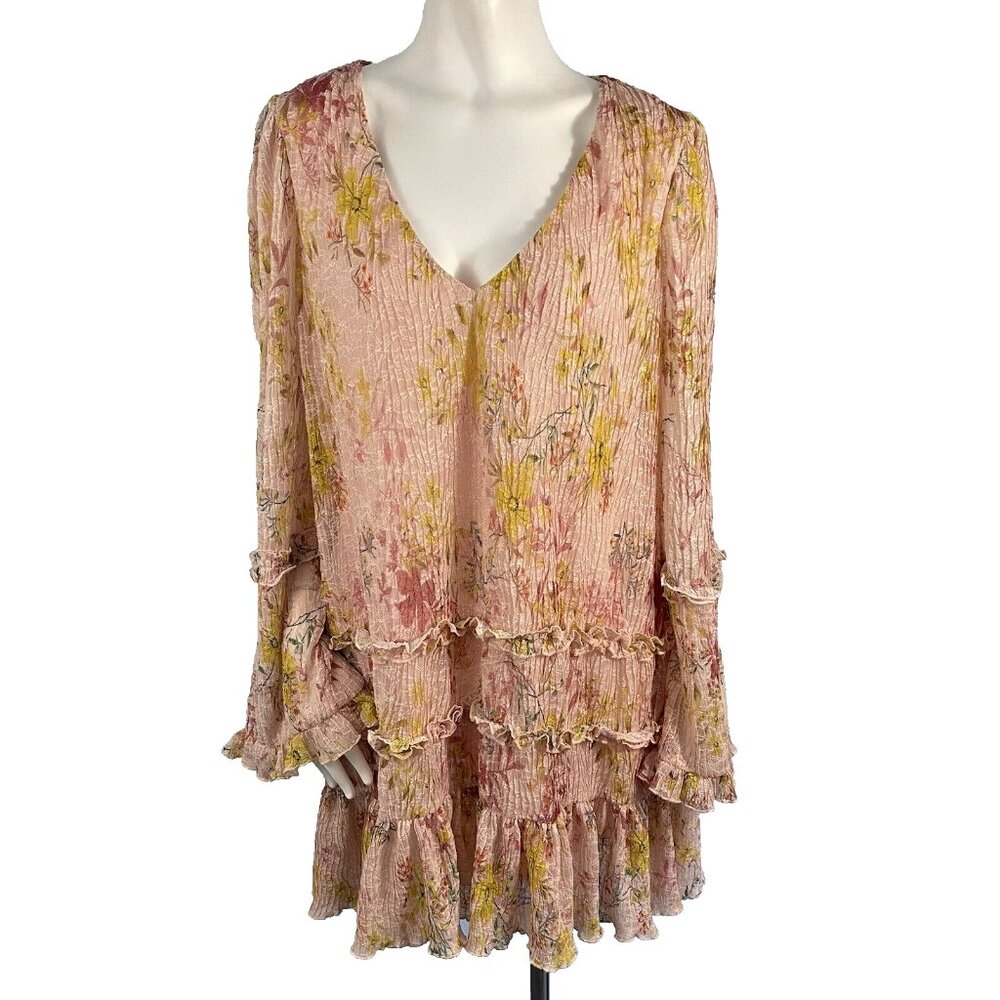 Tularosa Evelyn Dress Light Rose Floral Pink Flowy Ruffles Bell Sleeves Size M
